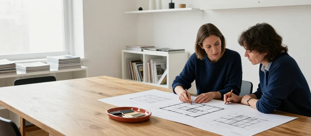 Una arquitecta y su cliente analizan planos detallados en un estudio luminoso y profesional.