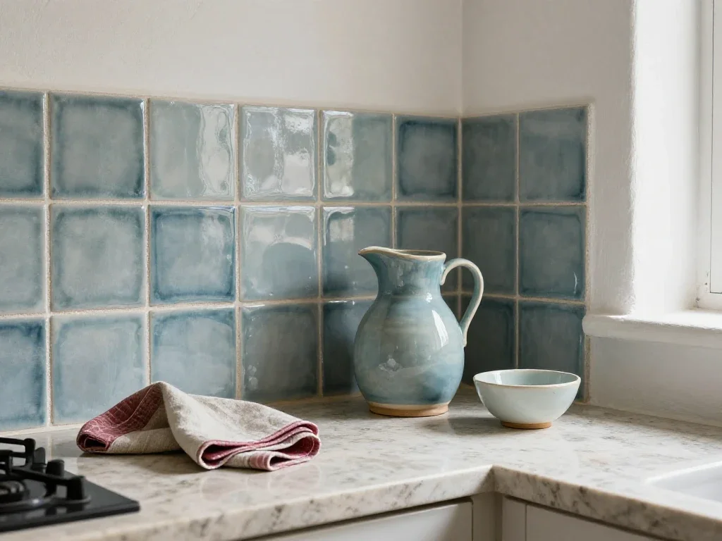 Cocina mediterránea serena con azulejos artesanales y detalles decorativos que transmiten calma y orden.