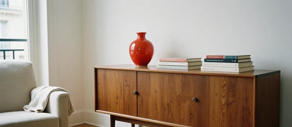 Un aparador de madera con jarrones decorativos y textiles en un salón luminoso de diseño contemporáneo.