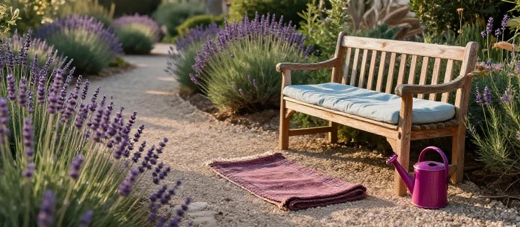 Jardín mediterráneo con sendero de grava y banco de madera bajo luz cálida del atardecer.