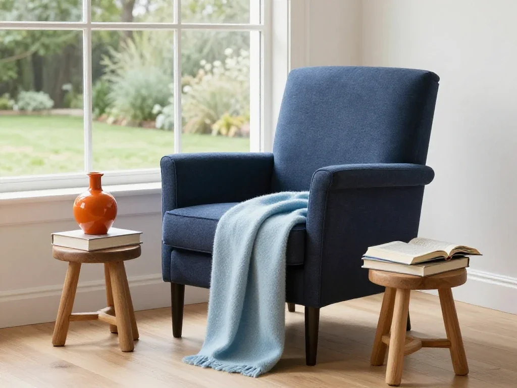 Rincón de lectura con sillón azul y luz natural que transmite serenidad y calma doméstica.