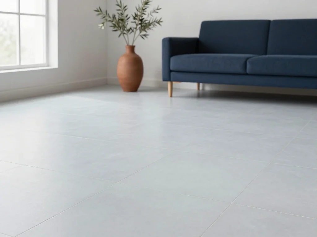 Salón minimalista con suelo cerámico claro que refleja la calma y amplitud del diseño.