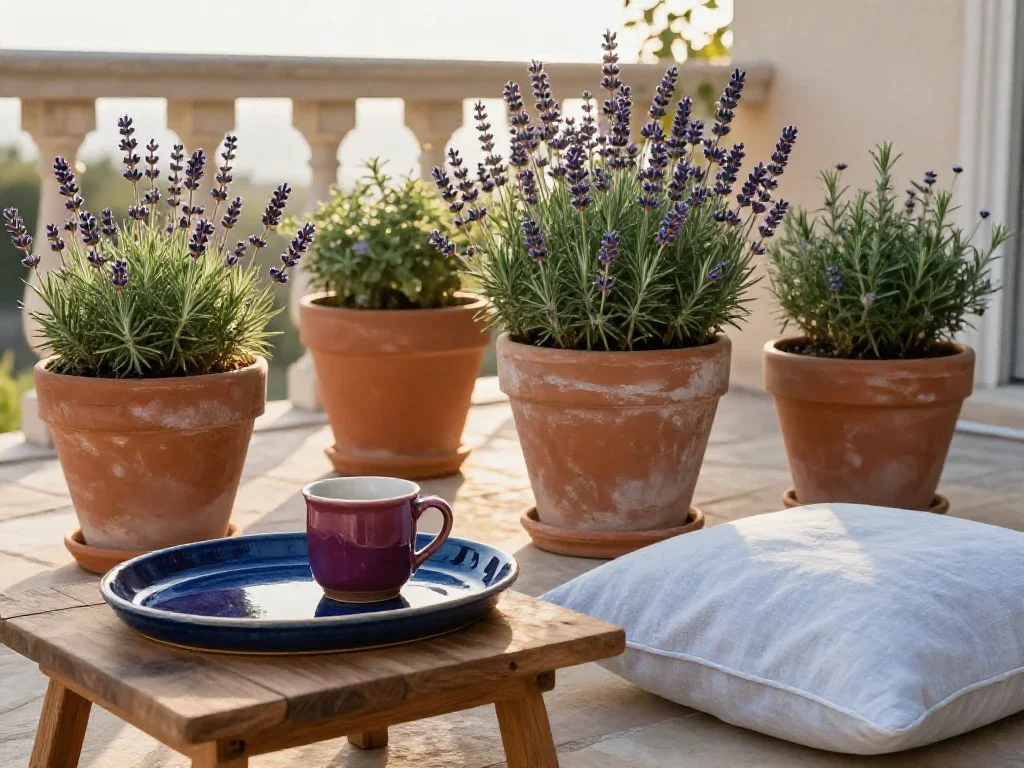 Terraza soleada con macetas de barro y plantas aromáticas que transmiten paz y serenidad.